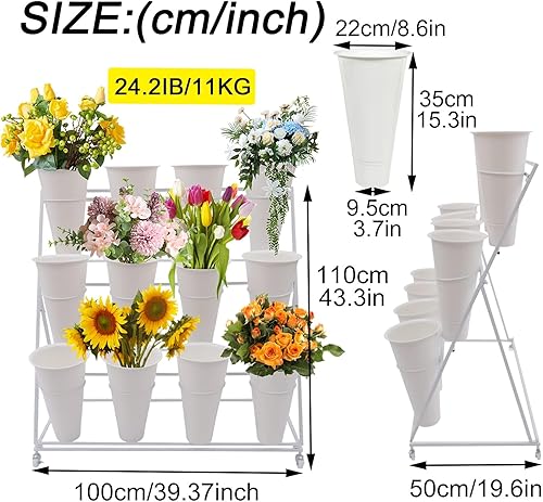 Miniatura 2 de Soporte de exhibición de flores con ruedas, soporte para plantas de hierro para interiores y exteriores, 3 capas de 12 barriles, soporte de