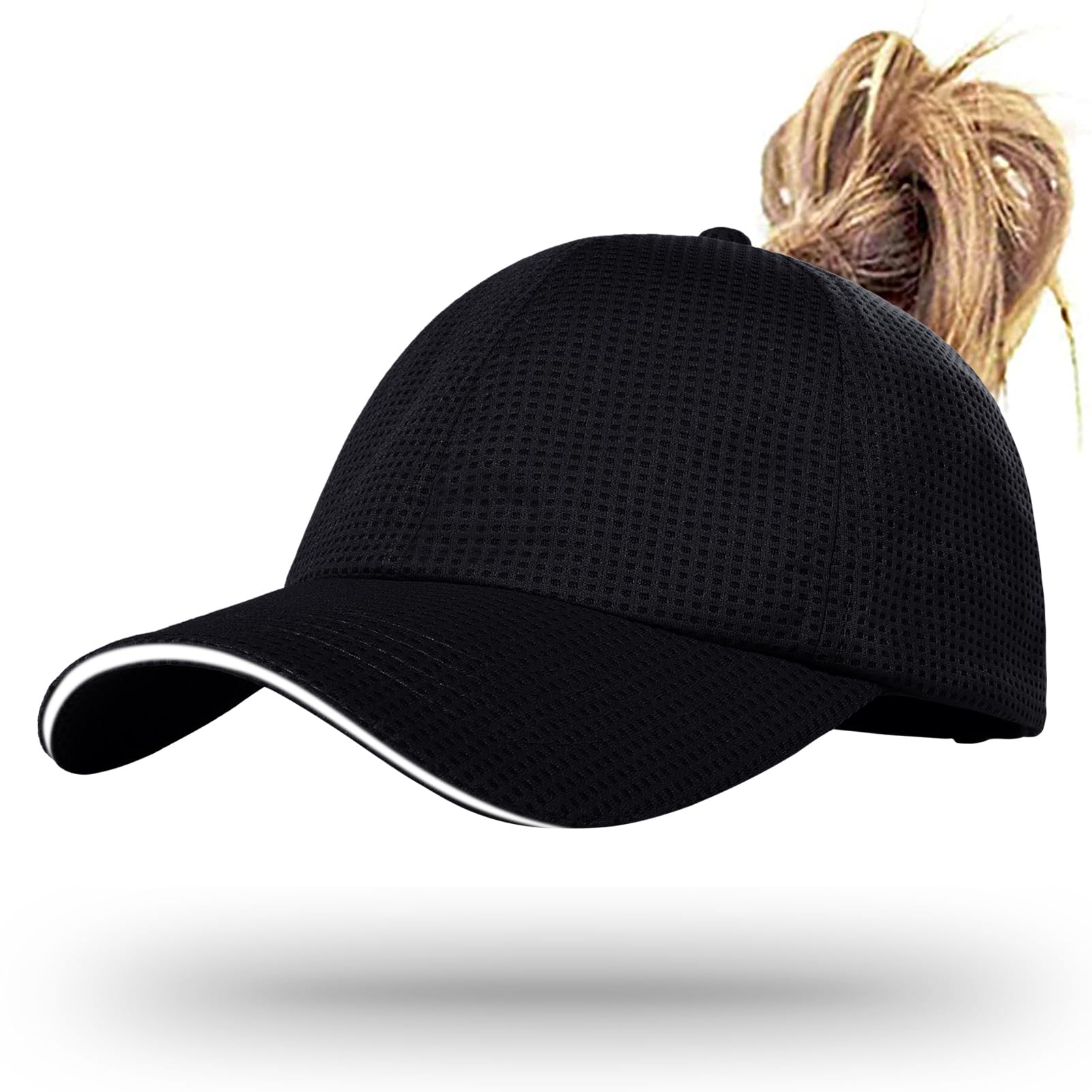 ZTLWomens High Ponytail Baseball Cap Performance Mesh Hat, Lightweight Quick Dry Race Day Running Hat with Reflective Trim