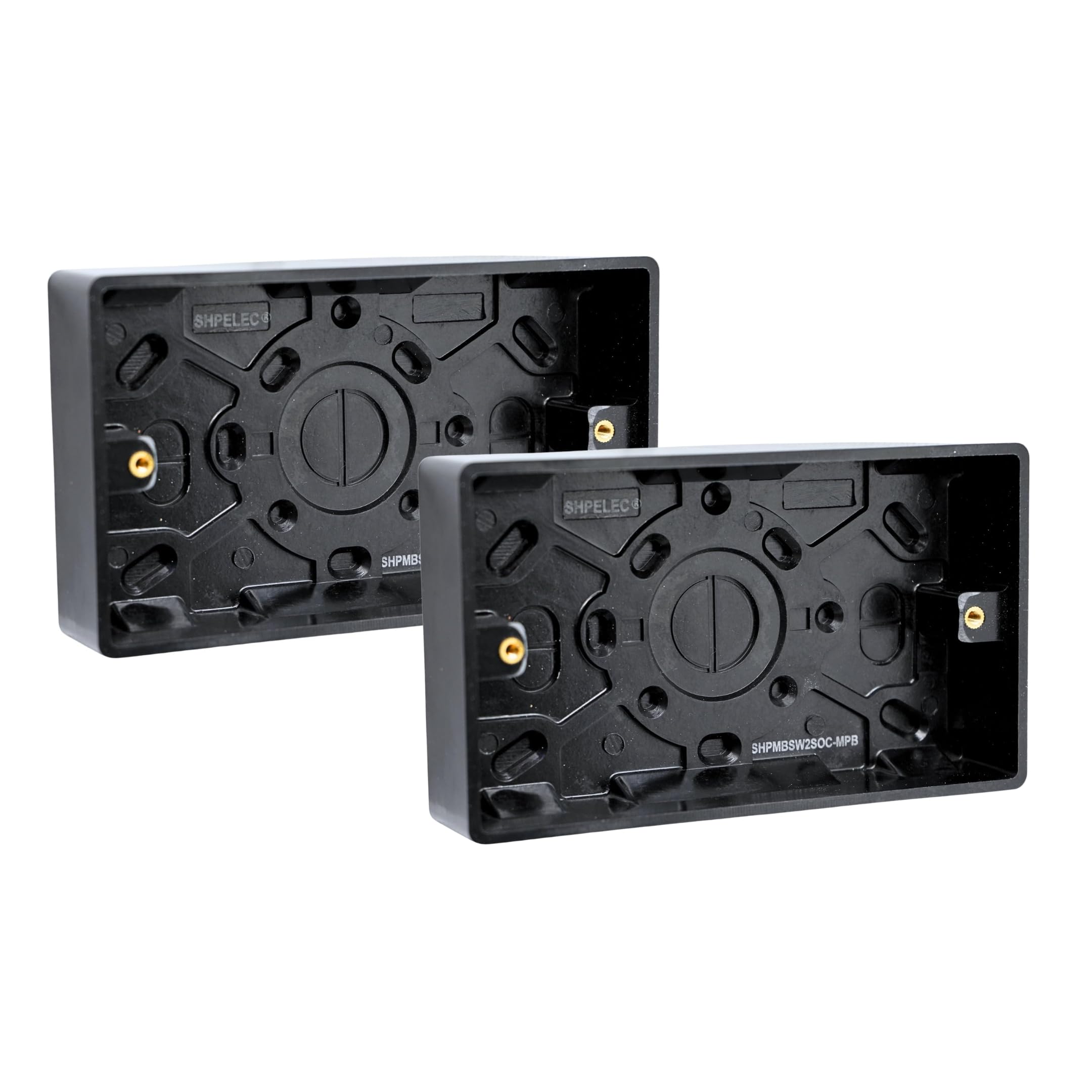 SHPELEC® Matt Black Screwless Sockets & Switches – Ultra Slim 4mm Thin Plate Steel – Modern Screwless Faceplate – Premium Black Wiring Accessories Range (2 Gang 25mm Pattress Box, 2 PACK)