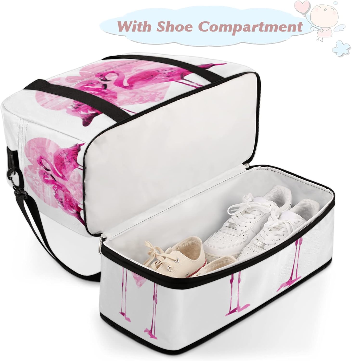 Couple Flamingo Foldable Travel Duffel Bag Tote Carry On Luggage Sports Gym Bag With Shoe Compartment For Woman Man Overnight Weekend Yoga Workout Training Handbag - Image 4