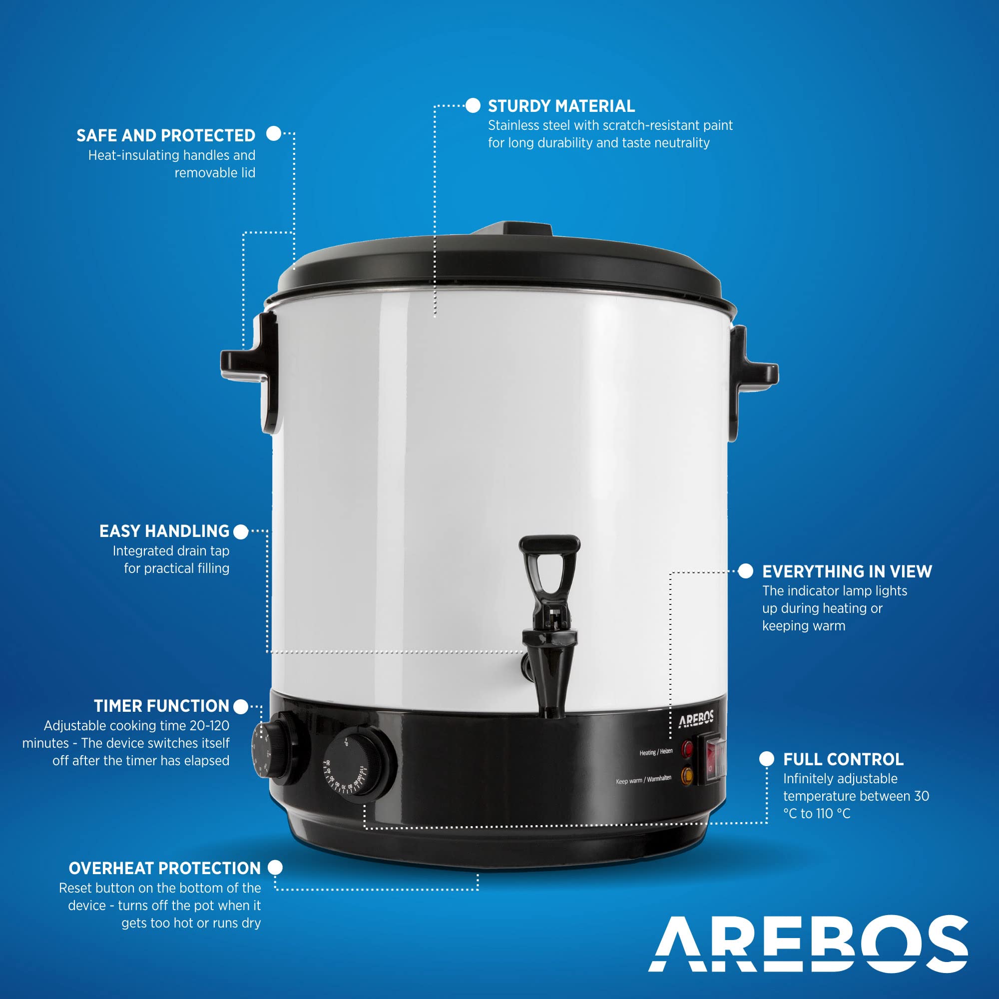 Arebos Cocedero de conservas 1800 W | Olla envasadora 28 L| incl. temporizador y termostato | Ajuste continuo de la temperatura 30-110 °C | Temporizador 20-120 min.