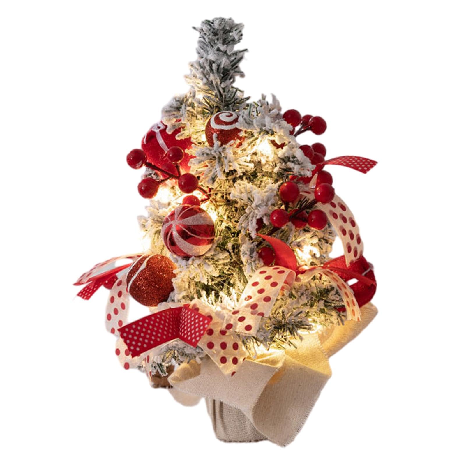 Oshhni Mini-Weihnachtsbaum mit LED-Lichtern, Tisch-Weihnachtsbaumschmuck für Zuhause, Büro, Zuhause, Küche, Esstisch-Dekoration, rot und weiß 30cm