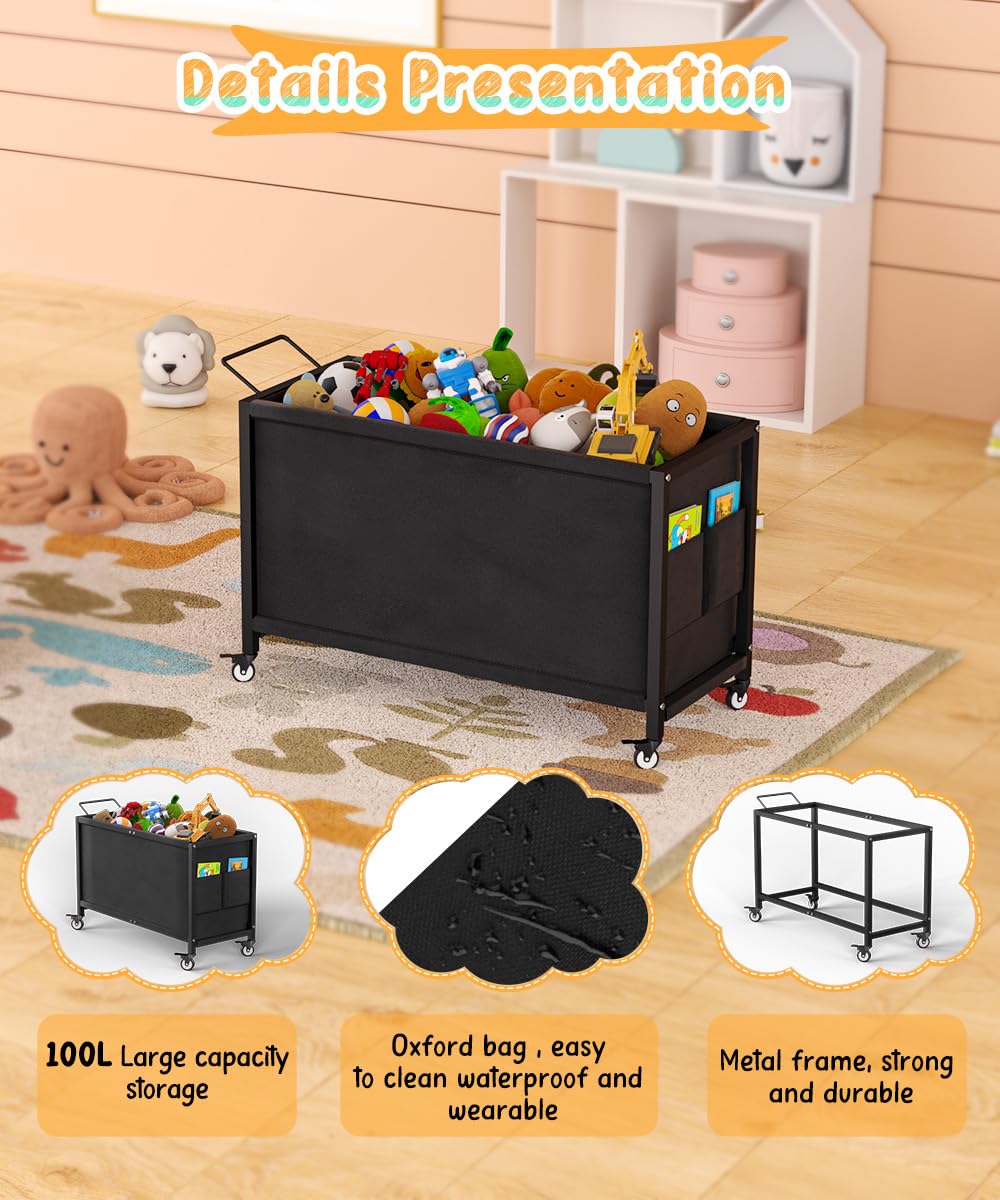 Ardier 100L Large Kids Toy Box with Wheels, Toy Chest Storage Organizer for Toddlers, Boys, Girls, Toy Storage Bin for Stuffed Animals, PlayRoom, Bedroom, Nursery, Living Room, Black
