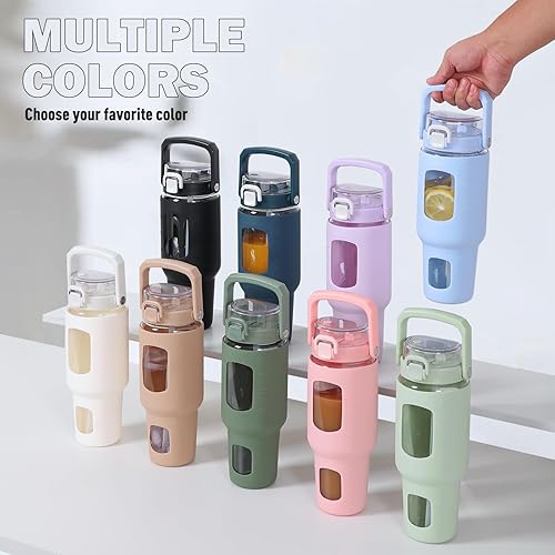 Miniatura 7 de BLUEGO Botella de agua de vidrio de 40 onzas, botella con popote y tapa, vaso de vidrio con marcador de tiempo y agua, taza de café helado con funda