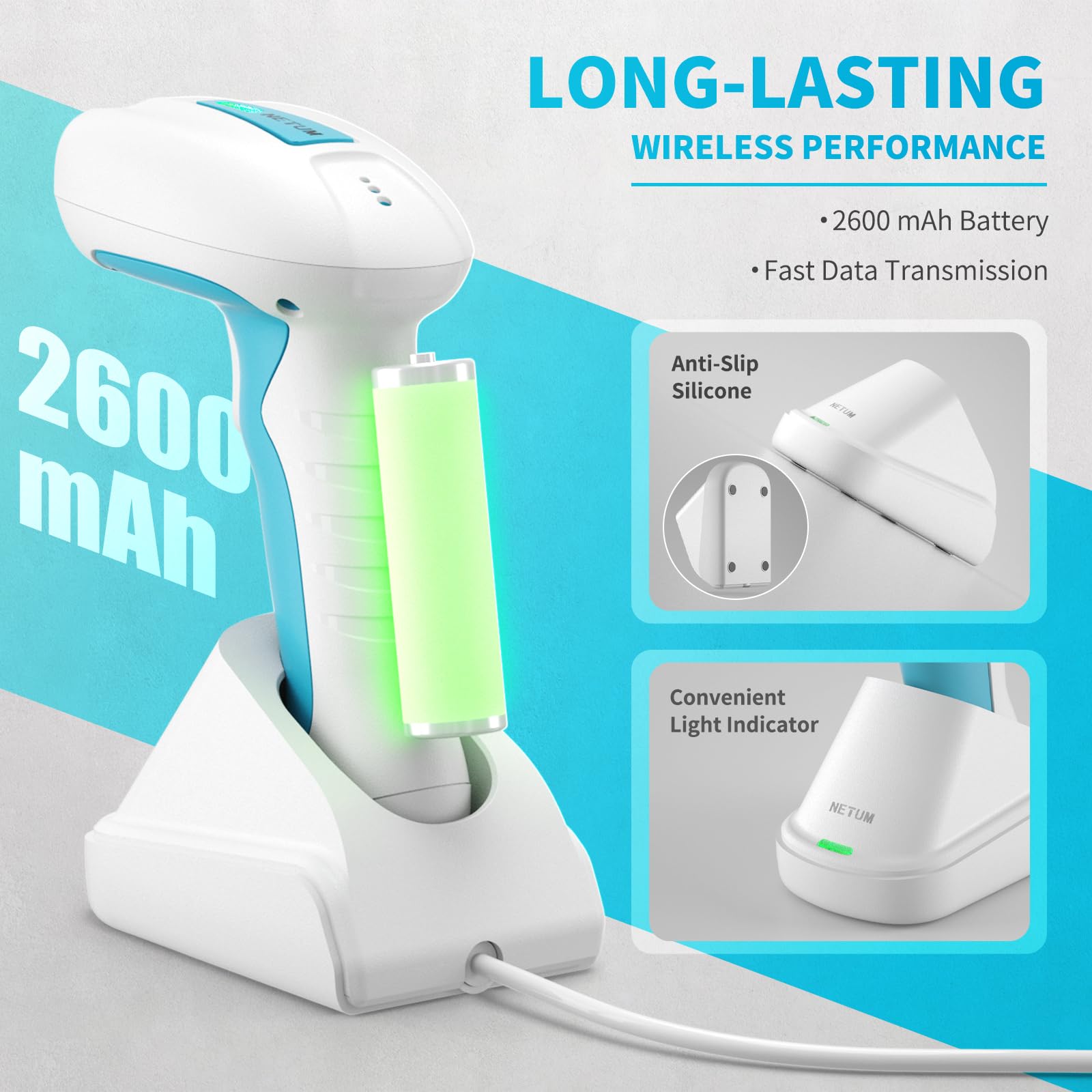 NETUM RD-1962 Scanner Barcode 1D/2D Wireless Blu-Bianco Antimicrobico, Sensore CMOS 1280×800, 2.4G + Bluetooth, Design IP67 Resistente, Modalità Hands-Free per Cliniche e Ospedali