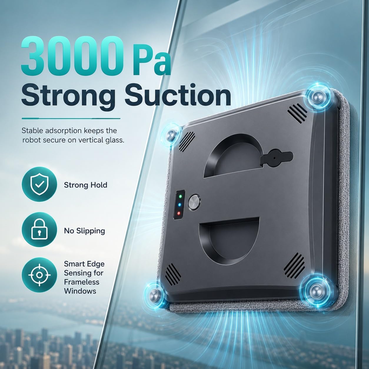 Limpiacristales Automático, Succión 3000pa, Anticaída | Ultradelgado de 2,75 pulgadas for vidrio exterior e interior. Control remoto, 3 modos de limpieza.(Black)