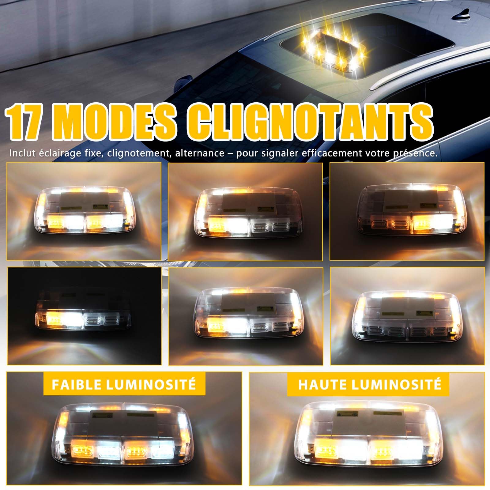 Luces estroboscópicas inalámbricas naranja/blanco con base magnética, luz de baliza de emergencia recargable de 48 LED, luz intermitente de techo para vehículos de camiones de coche
