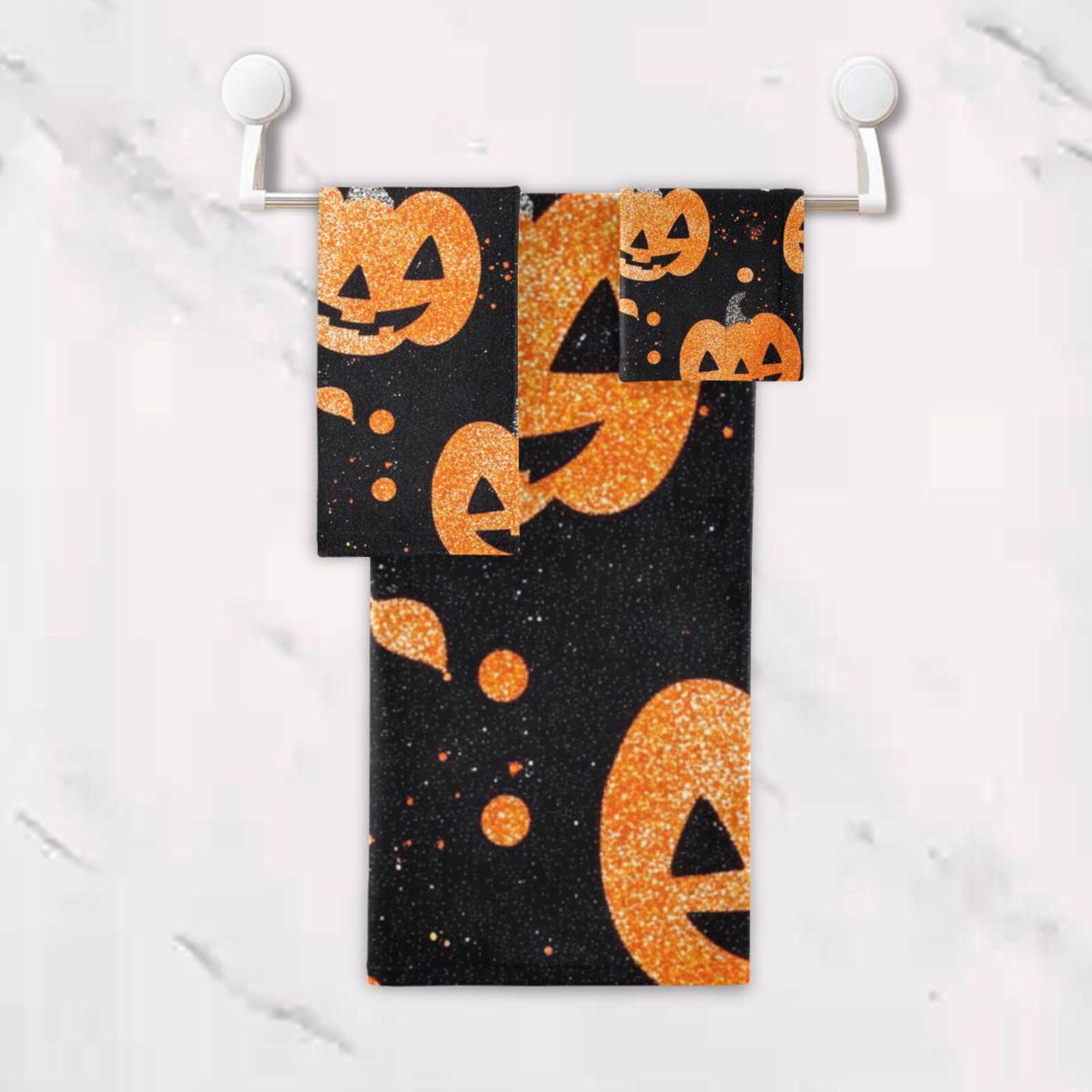 Halloween błyszczące dynie czyszczenie ręczników do twarzy zestaw 3 sztuk, 1 ręcznik kąpielowy 1 ręcznik do rąk 1 myjka do domu kuchni rodziny