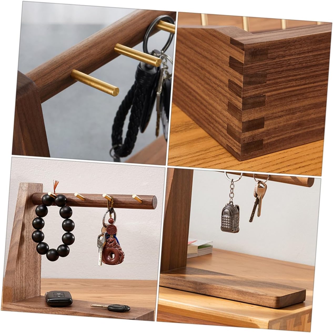 Operitacx Solid Wood Key Holder Wall Mount Walnut Entryway Key Rack Retro Hooks Practical Home Organization