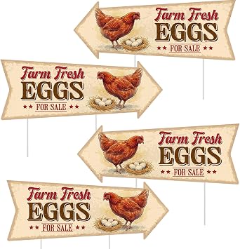 Rngmsi 4PCS Farm Fresh Eggs for Sale Sign, Fresh Eggs Double Sided Sign with 8 Stakes, Waterproof Corrugated Plastic Mark for Yard Business Indoor Outdoor Supplies Home Decor 16 X 6 Inch