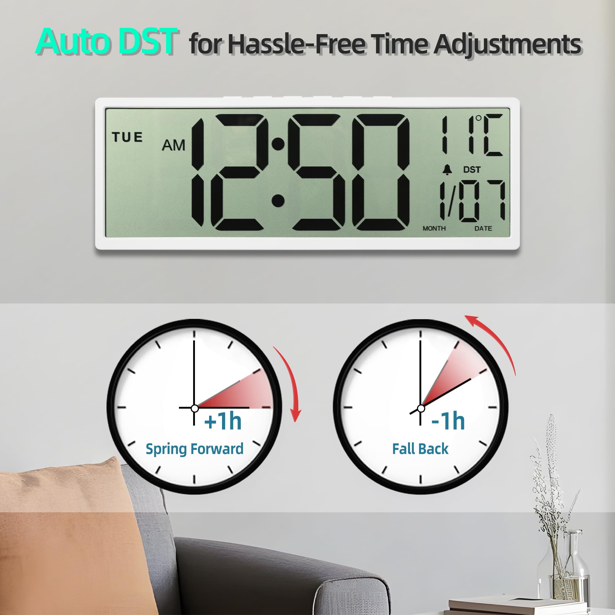 Mee 2ou Orologio Da Parete Digitale, 15" Orologio Digitale Da Parete Grande Con Data E Giorno Della Settimana, Temperatura, Cambio Automatico Dell'Ora Legale, 12/24 Ore, Allarme, Funzione Snooze