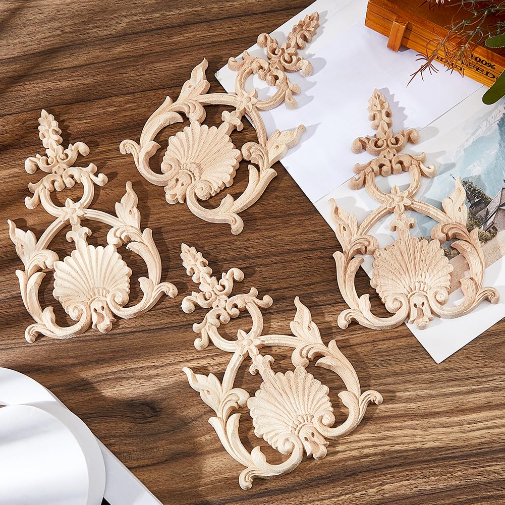 SUPERFINDINGS 4PCS Carved Wood Appliques Onlays Wooden DIY Applique and Onlays Unpainted Wooden Onlay Wood Carving Appliques for Furniture Cabinet Dresser Bed Wall - Image 4