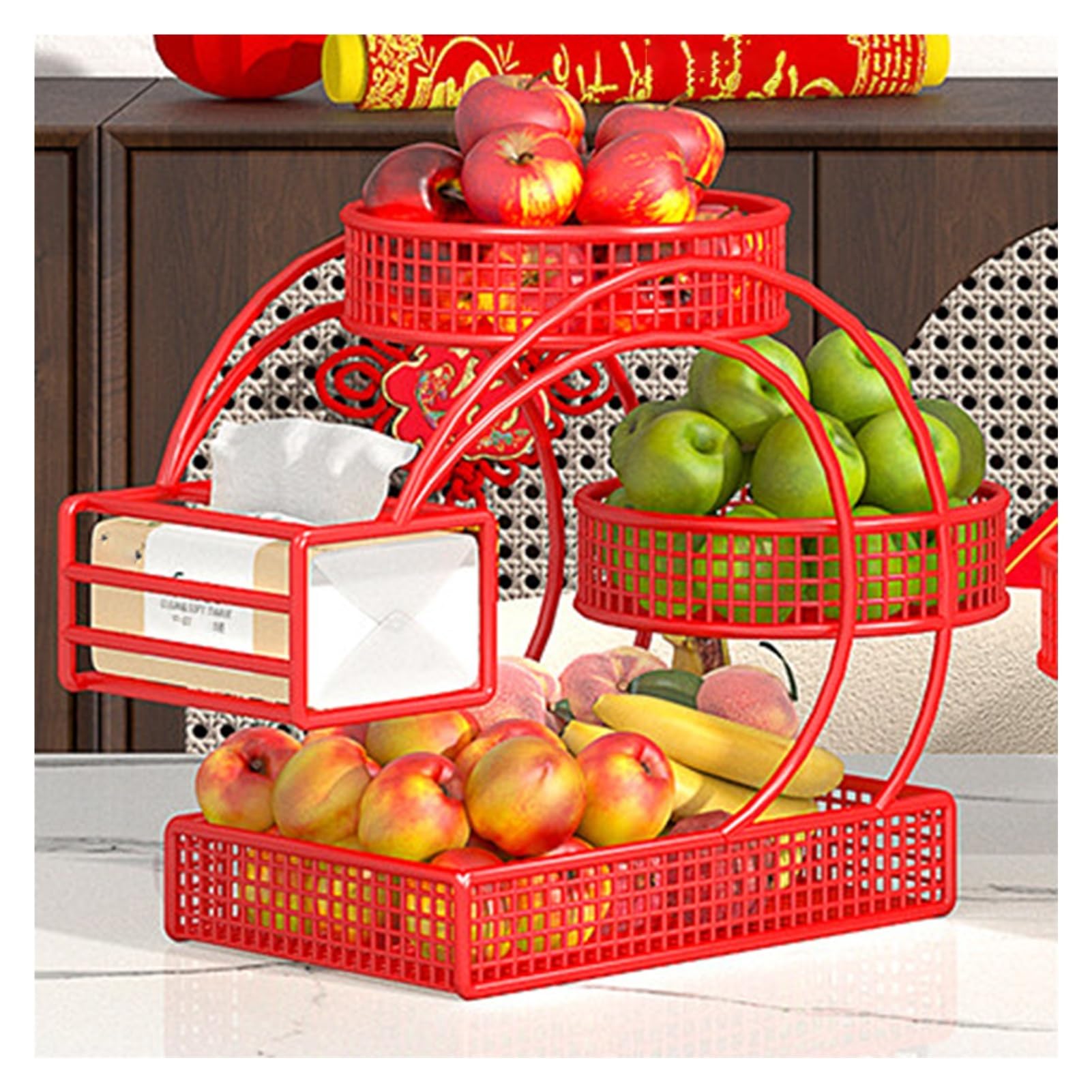 XCSDEW Wrought Iron Pastry Rack,Floor-standing Shelf,Hollow Fruit Storage Box,With Tissue ,Suitable for Living Room Use(Red)