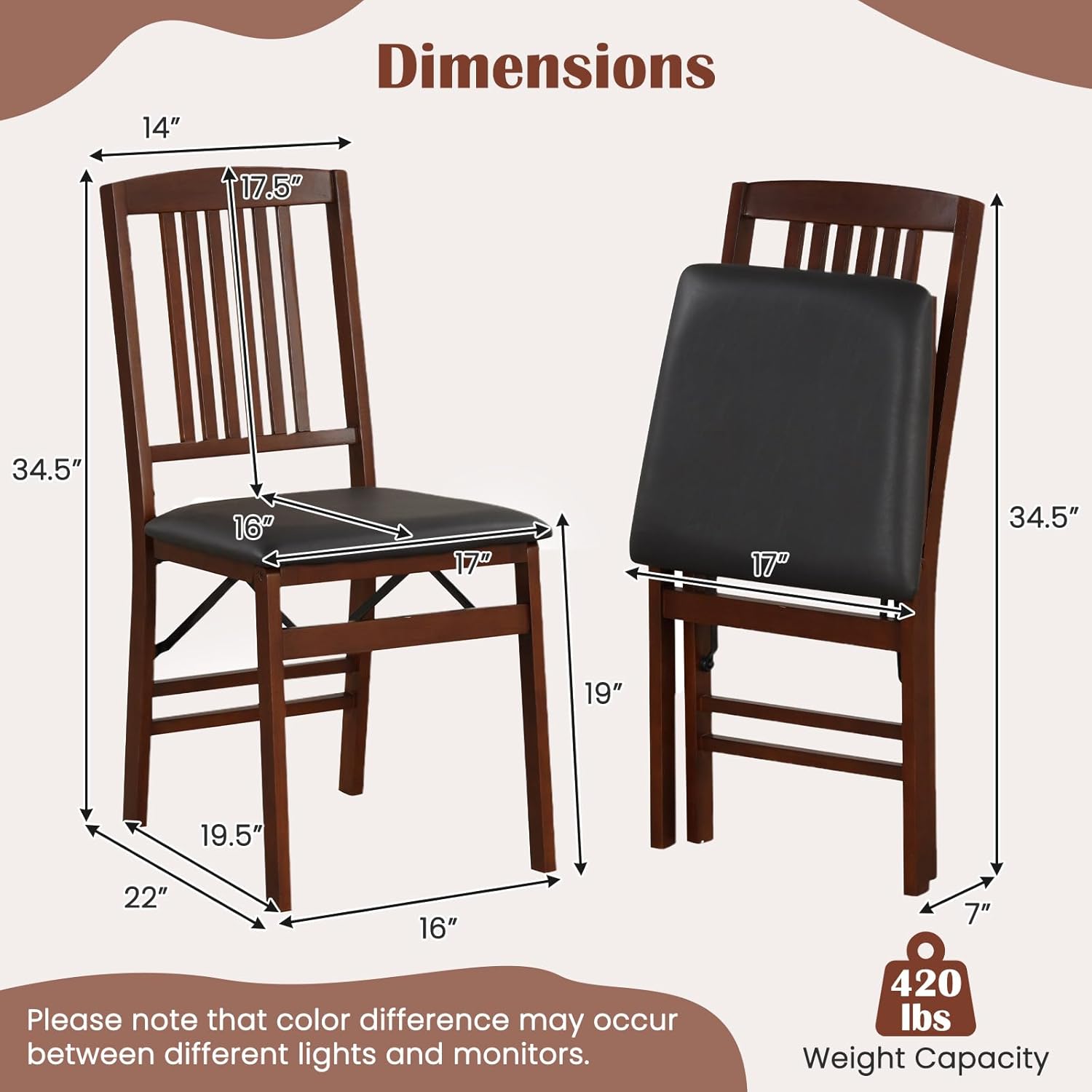 Giantex Folding Dining Chairs Set of 2, Foldable Wood Kitchen Chairs with Padded Seat, Max Load 420 Lbs, No Assembly, Wooden Dining Room Chair, Armless Side Chair for Home Apartment, Brown & Black