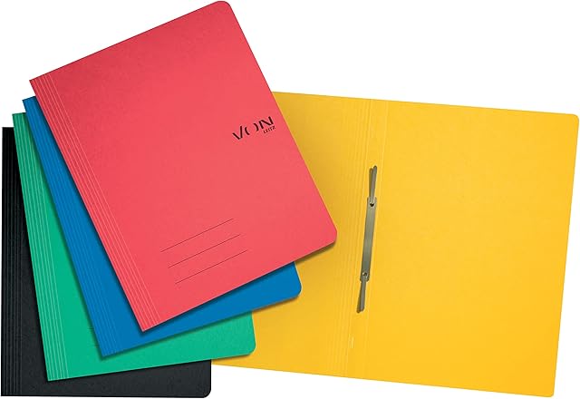 VON Pack of 5 A4 File Folders, Cardboard, with Stapling Mechanism, for 250 Sheets, by Leitz, for School, Study & Home, Multi-Colour, 30131099