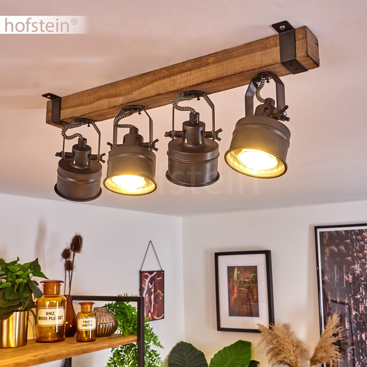 HOFSTEIN Deckenleuchte Pehefito, verstellbare Deckenlampe aus Metall/Holz in Schwarz/Braun, Leuchte im Industrial/Retro/Vintage-Design mit Holzbalken, 4 x GU10, Wohnzimmer, Esszimmer, Schlafzimmer