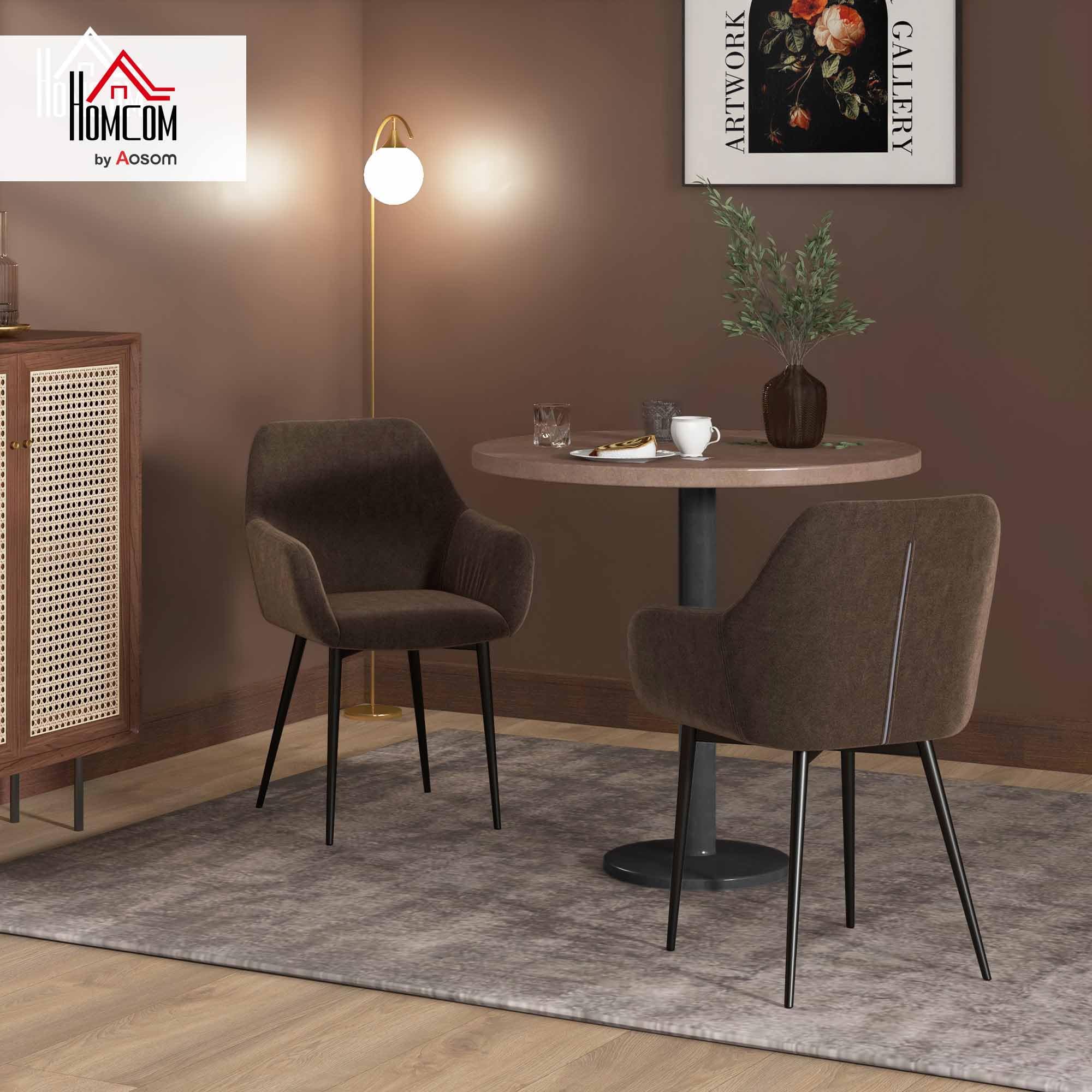 HOMCOM Set 2 Sedie Sala da Pranzo Imbottite in Stile Nordico, Sedie Cucina in Tessuto, Poltrona Imbottita con Braccioli e Gambe in Acciaio per Soggiorno, 54x57x80 cm, Marrone