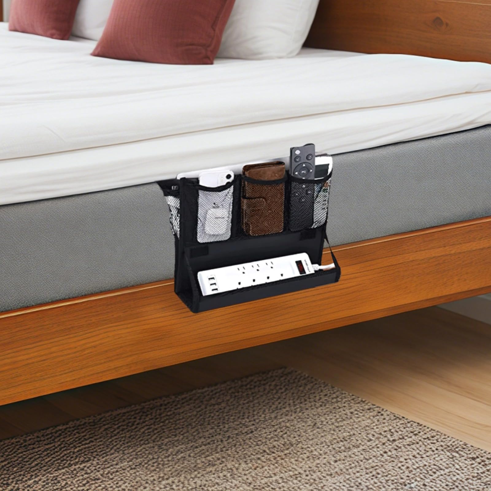 Bett-Organizer mit Halterung für Steckdosenleiste, hängender Nachttisch-Organizer, Aufbewahrungstasche mit 6 Fächern, Oxford-Stoff-Caddy für Zuhause, Wohnheim und kleine Räume