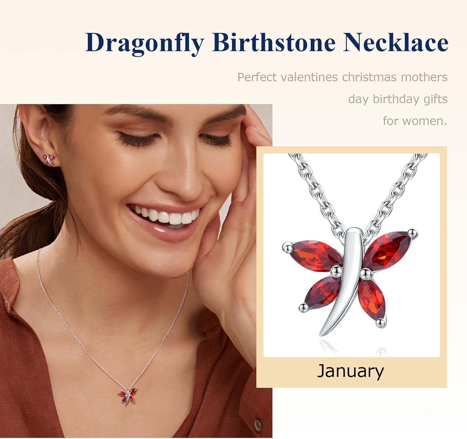 Dainty Birthstone Necklace 14K Gold Plated/925 Sterling Silver Created Gemstone Pendant with Chain Marquise Cut Small Dragonfly Necklaces for Women - Image 6