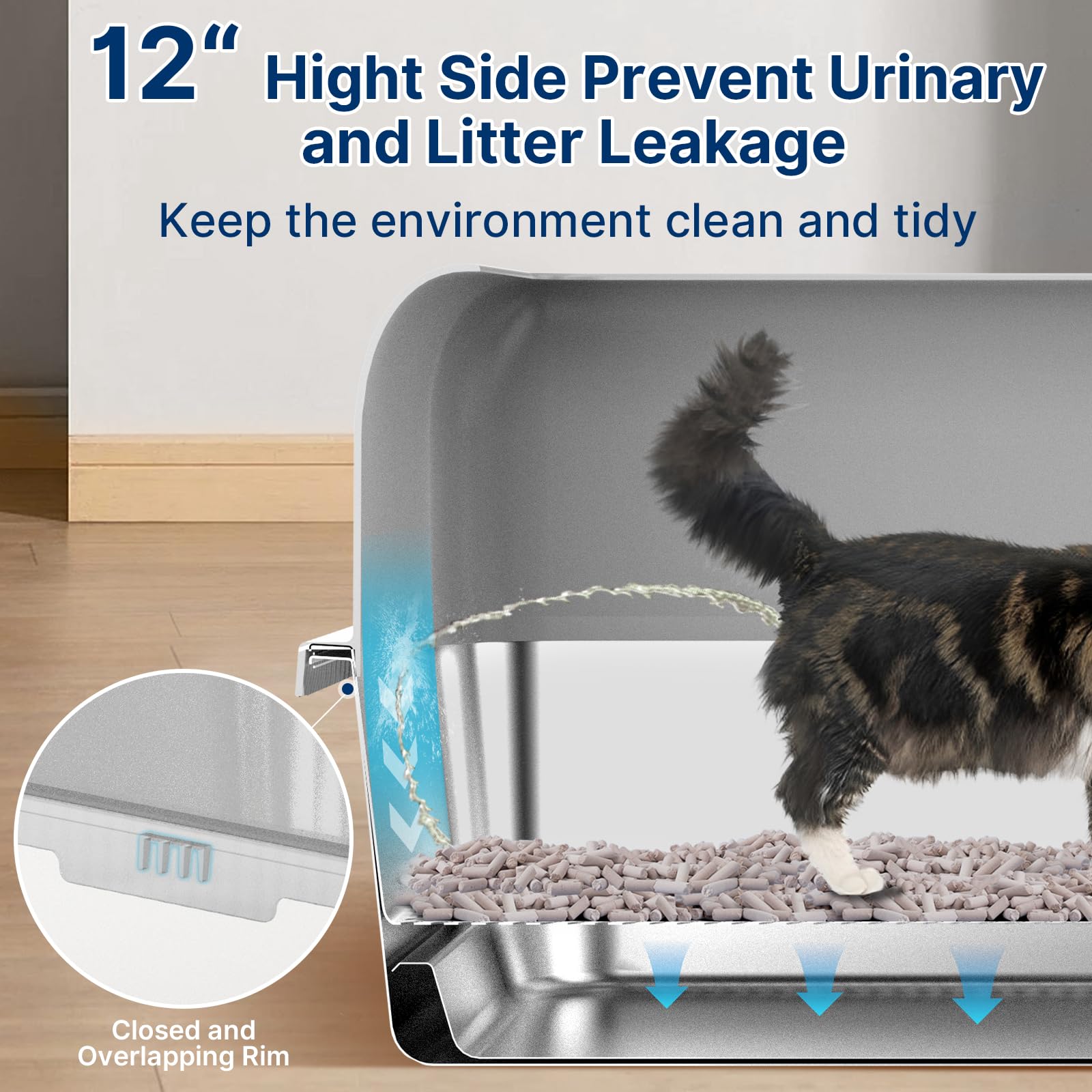 23.6"x15.7"x6" Stainless Steel Litter Box with Lid, XL Sifting Litter Box for Pine Pellets with Removable Drawer Pan for Easy Cleaning, High Sides Large Metal Litter Box System for Big Cats - image 3