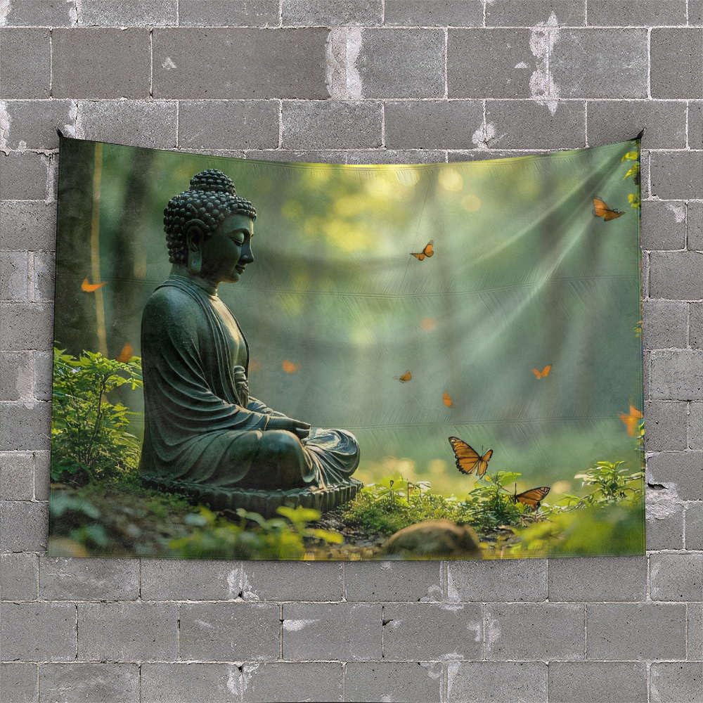 PKRD Bedroom Door Decorations Buddha Statue Surrounded By Butterflies In A Serene Forest Setting. Tapestry Dorm Decoration Dorm Decoration(100X150CM)