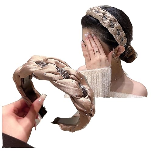 Diademas anchas de tela para mujer, diadema tejida trenzada, antideslizante, con diamantes de imitación, diadema gruesa trenzada para mujeres y