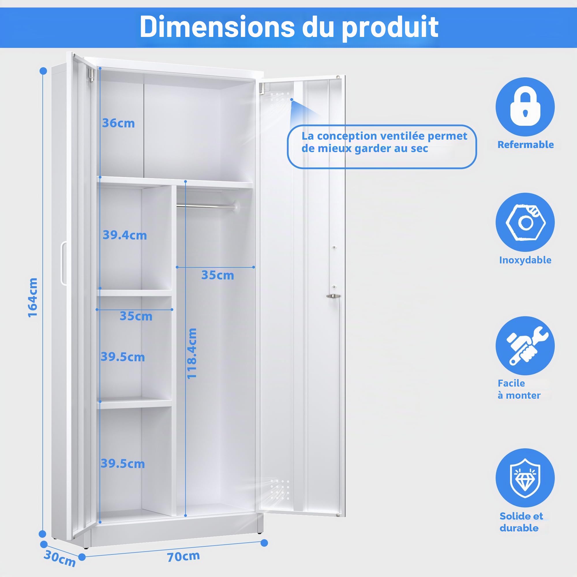 SUPEER Armoire à Balais en Acier avec Ventilation et Fermeture Magnétique, Multifonction pour Aspirateur, Produits de Nettoyage, Linge et Accessoires Ménagers, 70 x 30 x 165 cm, Blanc