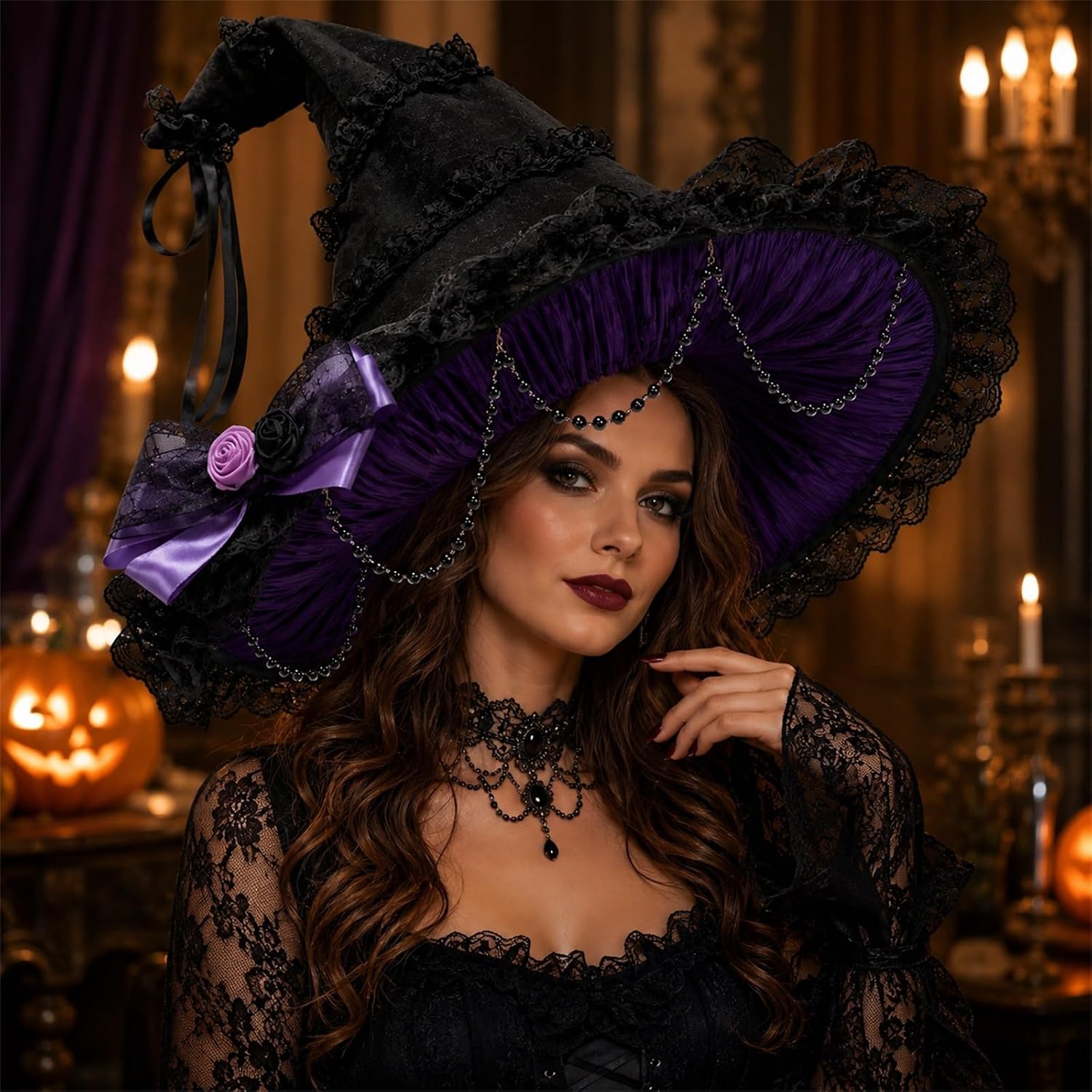 Halloween Pointed Witch Hat Gothic Ruffled Lace Trim Wide Brim Wizard Cap