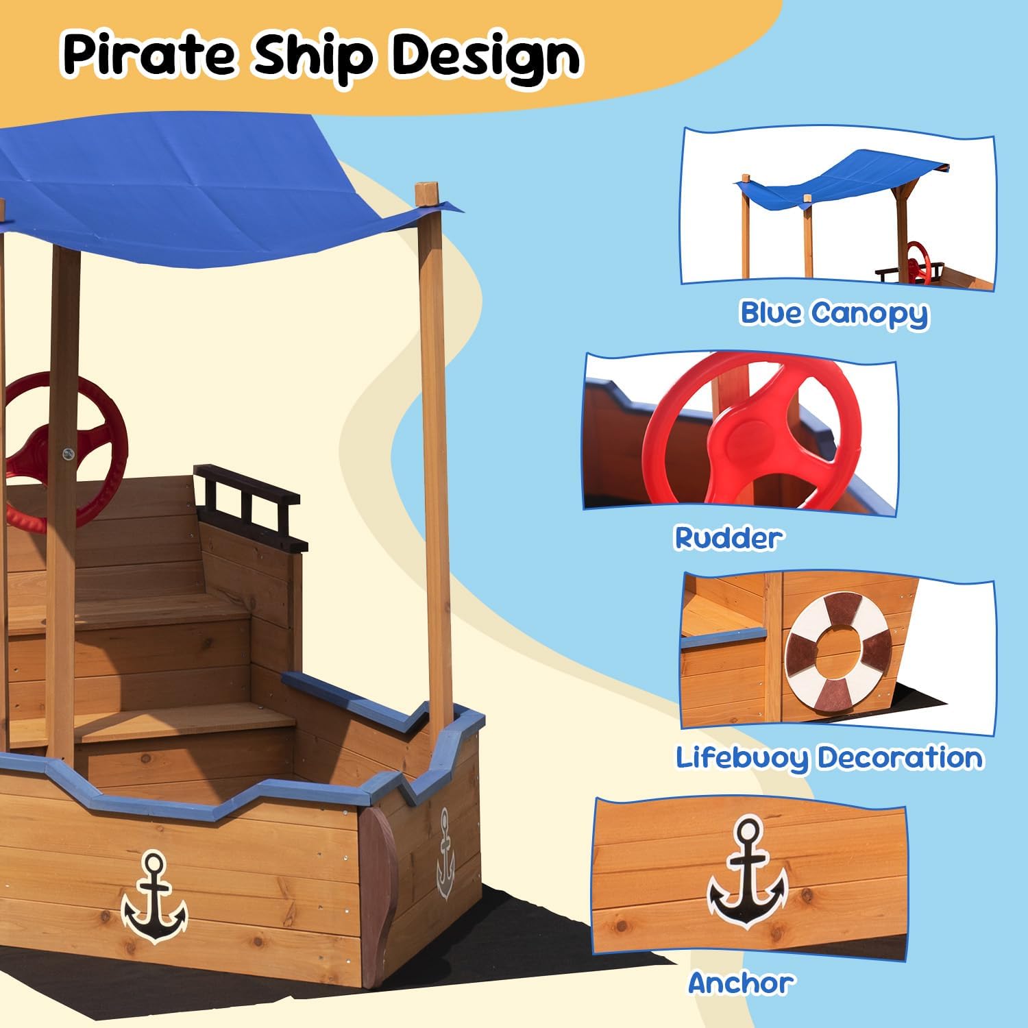 Large Pirate Ship Sandbox with Cover, Wooden Sand Box with Canopy, Rudder, Seat & Hidden Storage Space, Playset Outdoor Backyard, Children Outdoor Play, 63''L x 30.7''W x 40.5''H