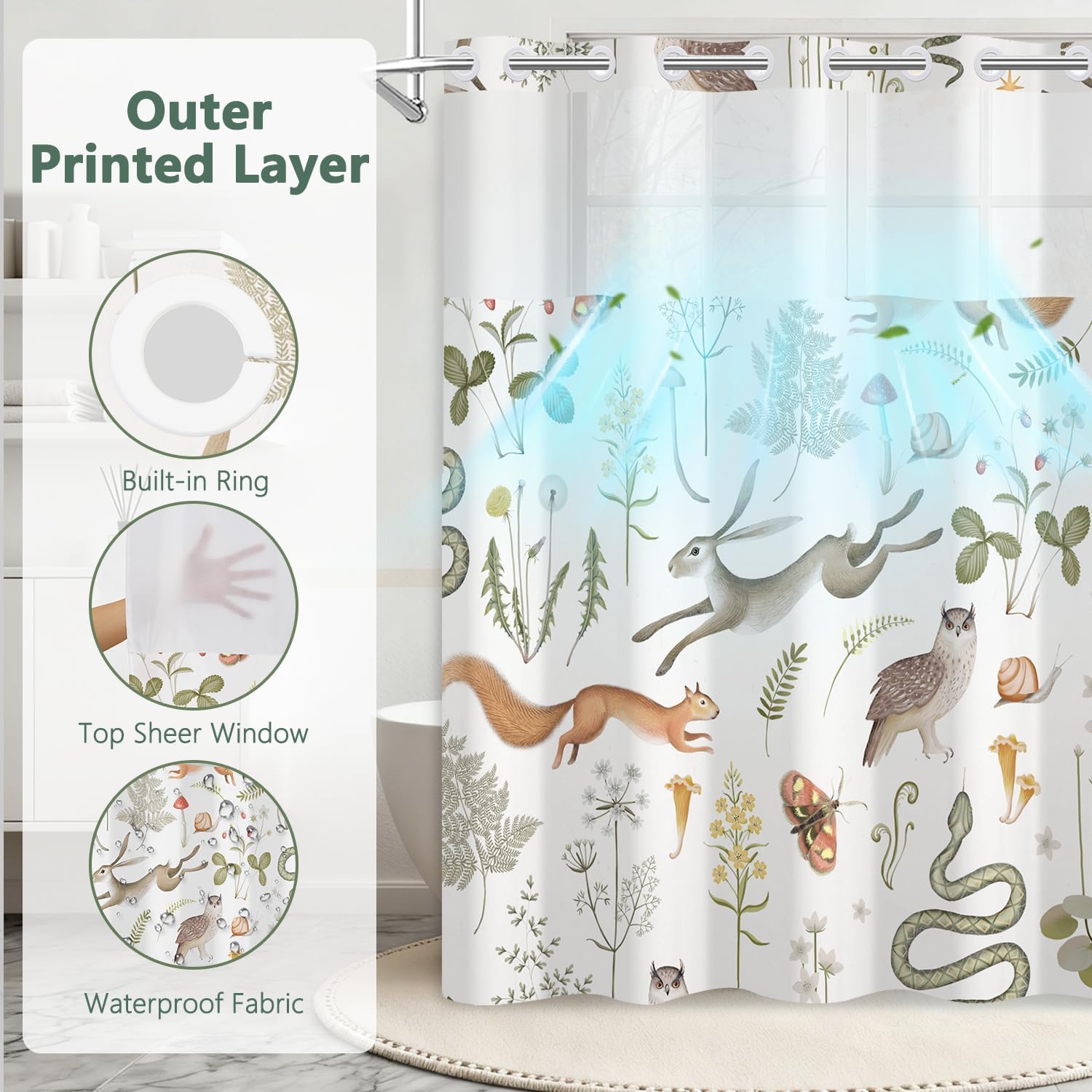 No Hook Rustic Forest Shower Curtain and Liner Set, Farmhouse Wild Animals Butterfly Woodland Bathroom Curtains, Waterproof Fabric Shower Curtain with See Through Top Window, 71x74 Inch
