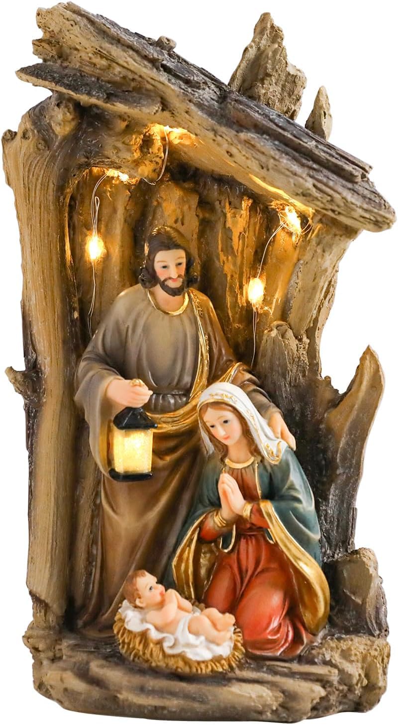 Yinns Zestaw szopki bożonarodzeniowej do wewnątrz, 30 cm, zestaw szopki z figurkami, podświetlana szopka bożonarodzeniowa, dekoracja stołu z żywicy religijnej, dekoracja stołu na Boże Narodzenie
