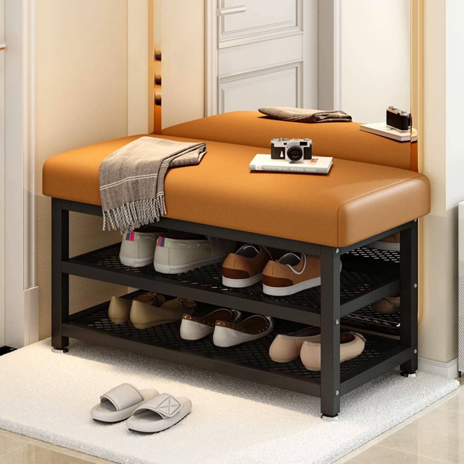 Banco de Entrada Moderno con reposapiés tapizado para baño y Dormitorio. Banco Tipo receptáculo para Sala de Estar. Asiento de sofá con reposapiés.