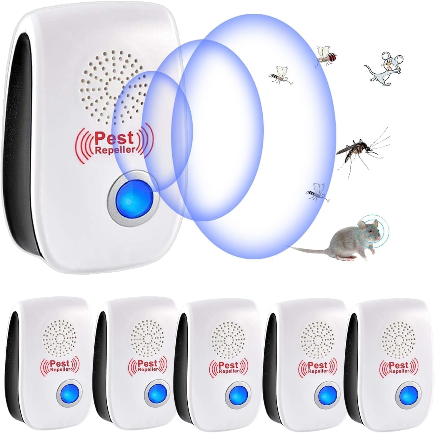 Repelente Ultrasónico de Plagas, 6 Pack Electrónico Repelente Mosquitos Control de Plagas, Repelente Ultrasónico Mosquitos para Anti Moscas, Ratones, Cucarachas, Arañas, Roedores
