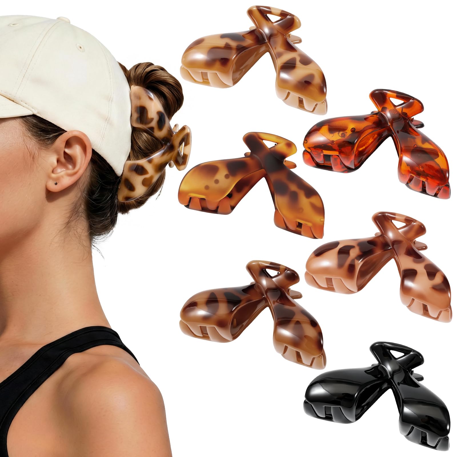 Photo 1 of 6 PCS Medium Hat Claw Clips for Women, 3.5 Inch Hat-Friendly Hair Clips for Trucker Hats Baseball Caps, Strong Hold Cap Hair Claw Clips for Thick Thin Hair, Hair Accessories Gift, Tortoise Shell