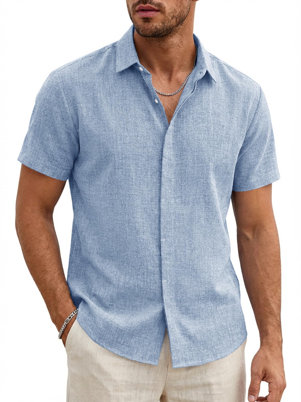 Camicia da uomo a maniche corte in lino, vestibilità normale, tinta unita, per matrimonio, business, spiaggia
