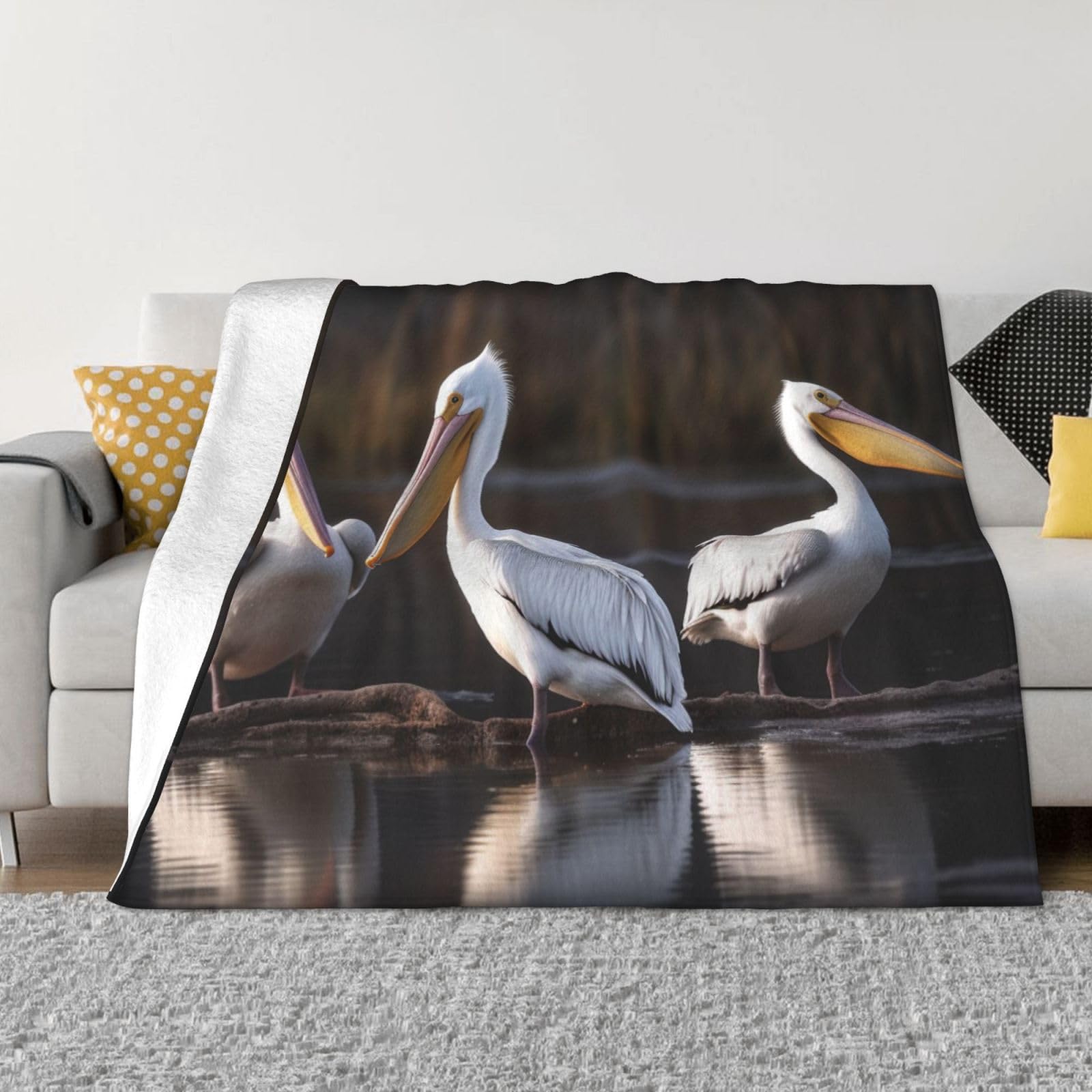KLOPH Three Pelicans Throw Blanket 60"x50" Flannel Fluffy Warm Blanket for Couch, Reversible Plush Blankets for Bed, Comfy Fuzzy Blanket for Sofa, Plush Lightweight-Blankets for All Season