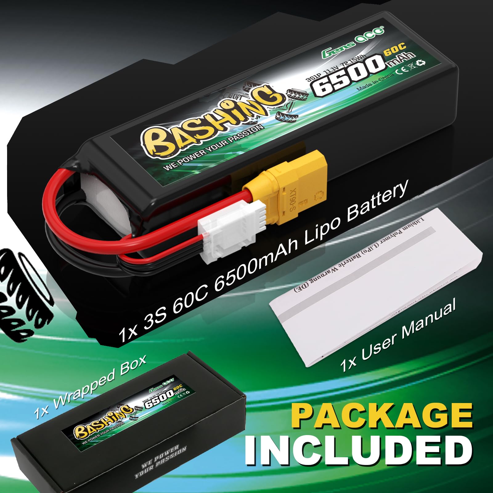 Gens Ace 3S LiPo Akku 6500mAh 11.1V 3S1P 60C Lipo Akku mit XT90 Steck Bashing Batterie für RC Auto, RC Flugzeug, RC Hubschrauber, RC Hobby
