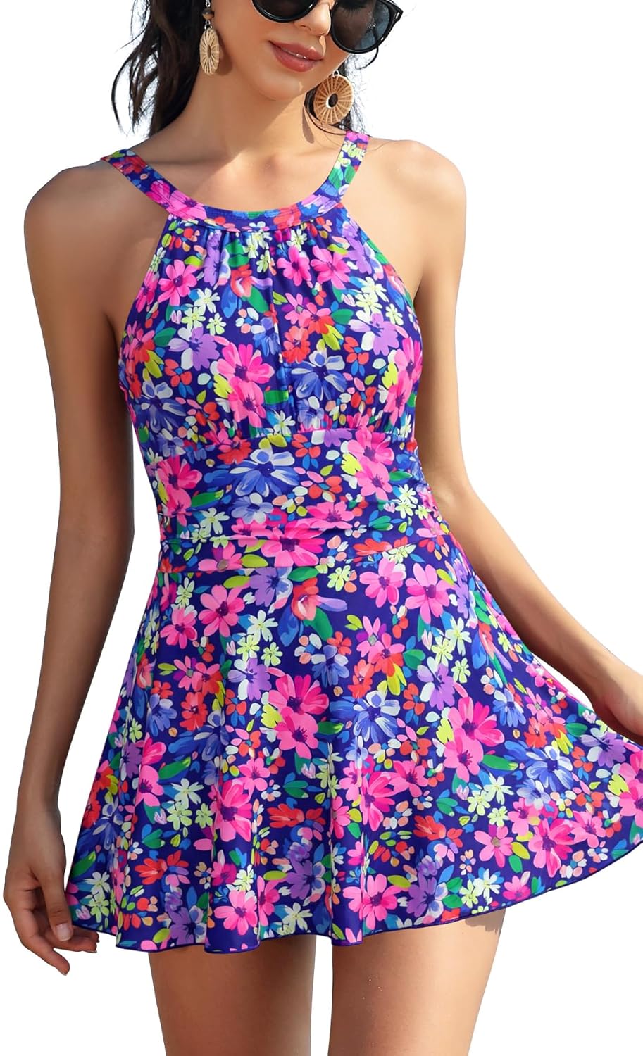 SHEKINI Womens Elegant One Piece Swimdress High Neck Swim Dress Ruched Swim Skirt