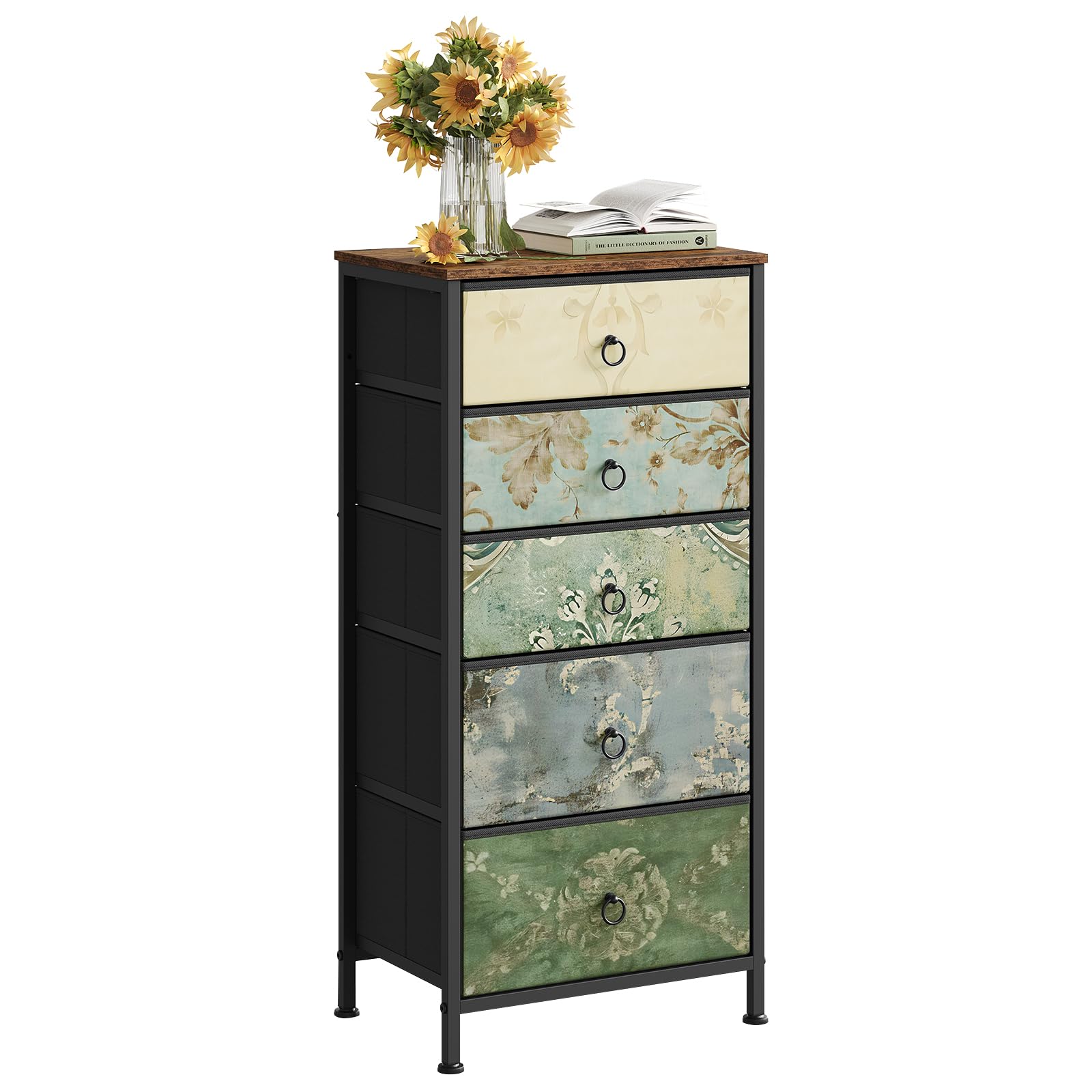 WOLTU Cassettiera, 5 Cassetti per Camera da Letto/Corridoio/Soggiorno, Marrone Rustico e Nero con Motivo Fiore Retrò, Struttura in Metallo, 45.5x30x95.5cm, SSK004pw