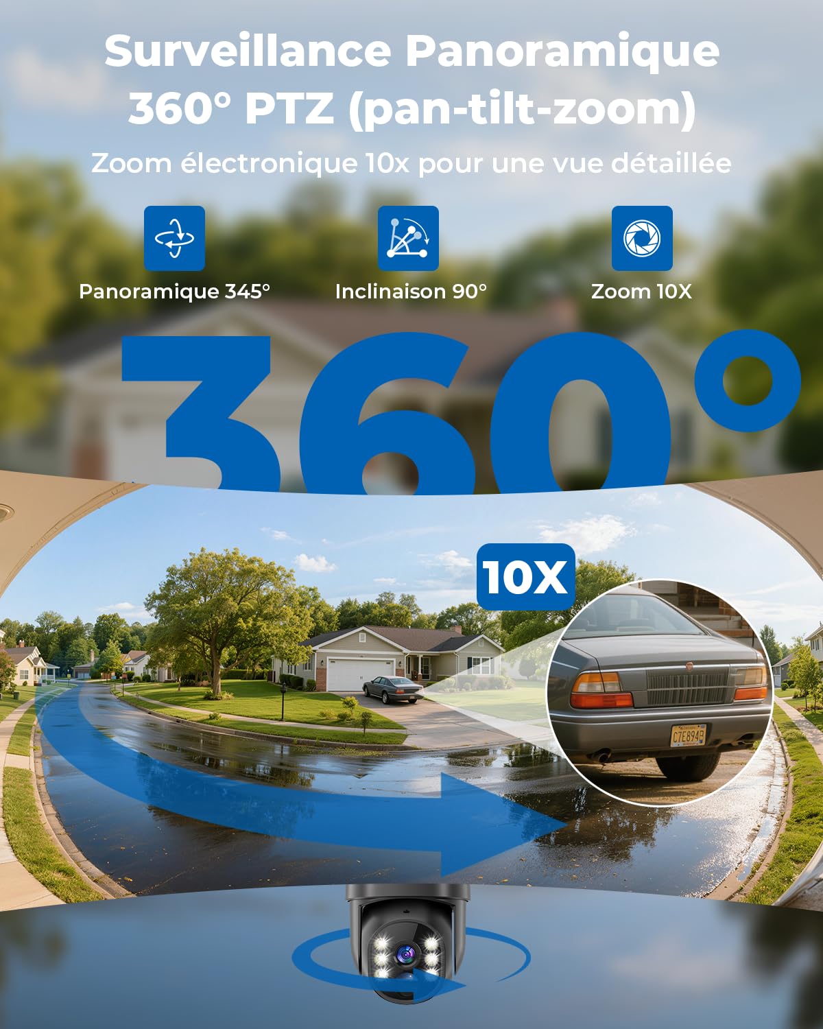 Camera Surveillance WiFi Exterieure sans Fil Solaire 2.5K 4MP avec Panneau Solaire 5W, 2K QHD, Batterie 8000mAh, 2.4G et 5GHz Wi-FI, 360° PTZ Suivi Automatique, IP66, PIR Détection