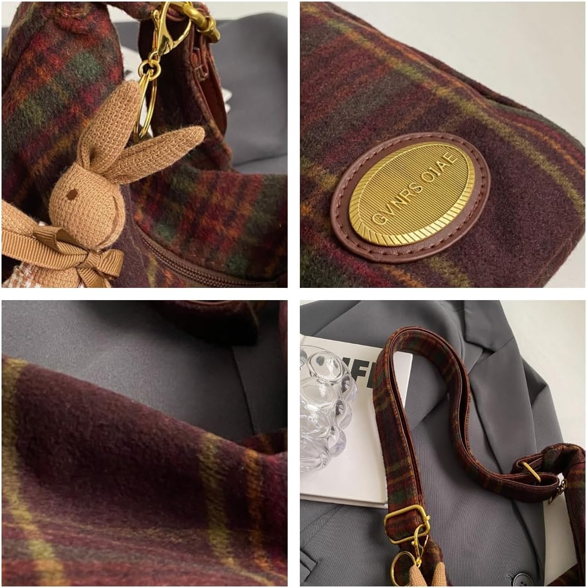 Plaid Purses for Women - Wool Handbag with Pendant, Hobo Shoulder Bag and Tartan Fabric Clutch (Red) - Image 6