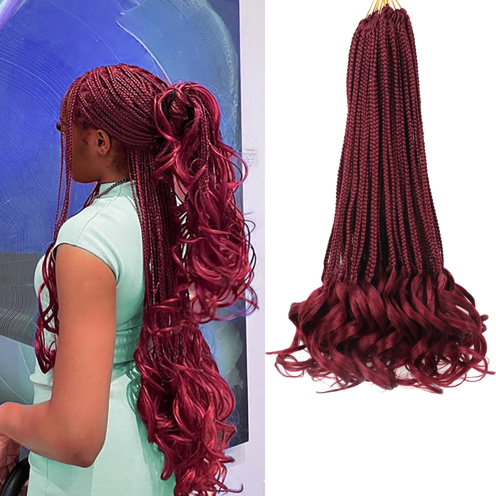 Burgundy Crochet Hair for Black Women 18 Inch 7 Packs French Curl Crochet Braids with Curly Ends Pre Looped Goddess Box Braids (Bug)