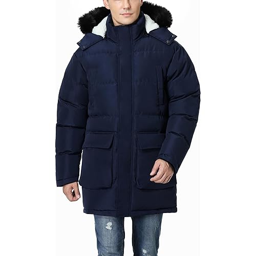 Pooluly Men's Winter Puffer Parka Jacket Wind and Water Resistant Jacket Warm Hooded Coat