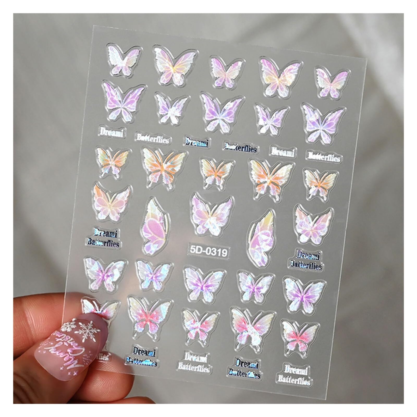 10pcs Pink Purple Aurora Shell Butterfly Nail Stickers Shiny 3D Butterflies Decals 8 * 10cm Adhesive(Silver)