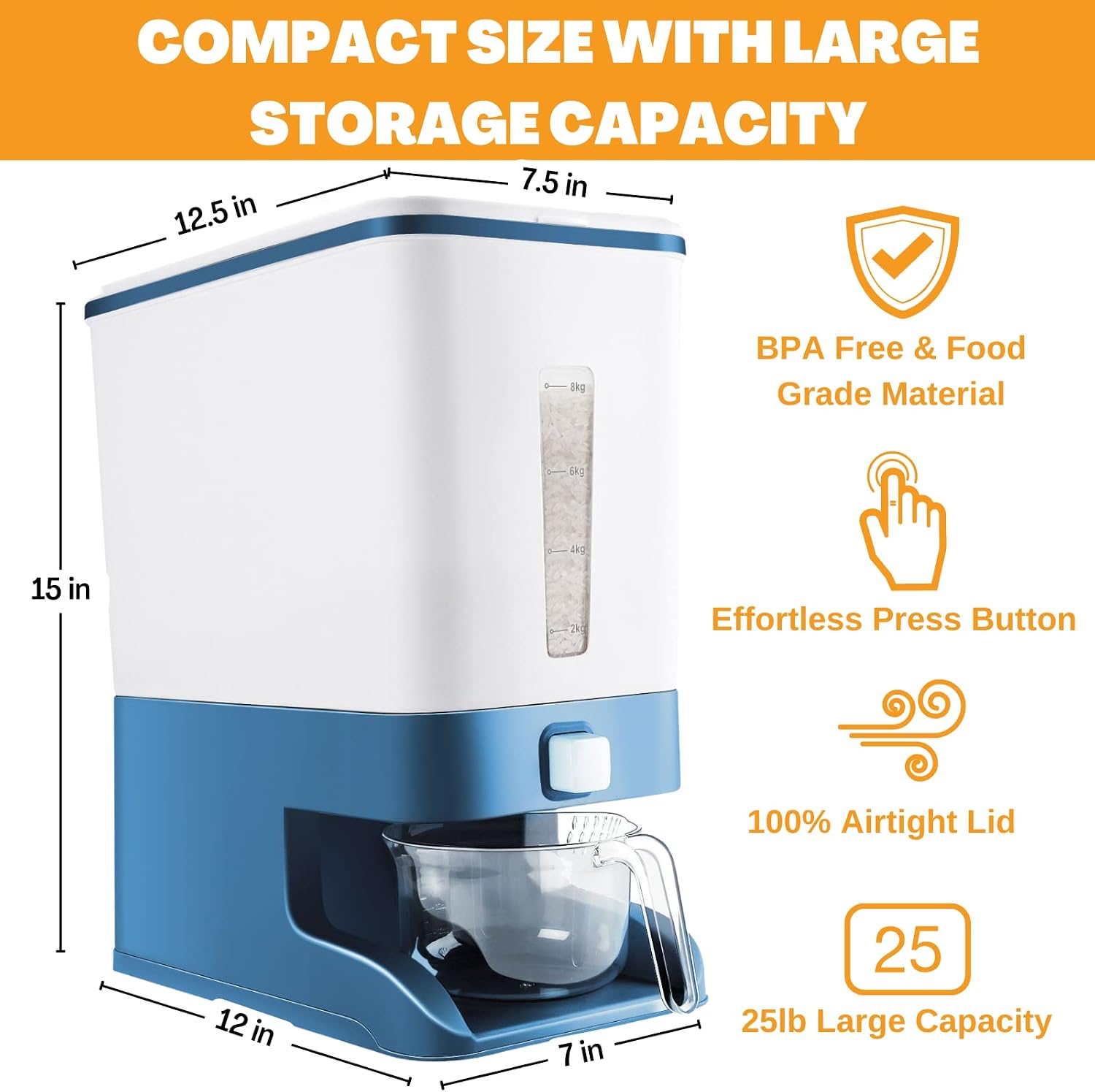 XIOTYO 25LBS Rice Dispenser, Large Capacity Grain Storage Container Countertop with Lid and Measuring Cup, 25 Pounds Premium Quality Moisture Proof Corn, Beans Storage Dispenser