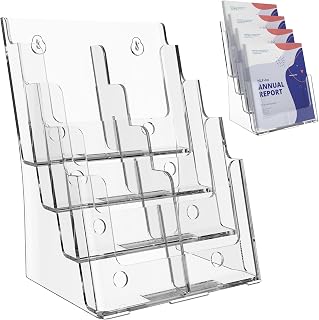 Brochure Holder 8.5x11 Inch 4 Tier with Removable Divider for 4x9 inch Clear Acrylic Pamphlet Display Stand Holder Countertop Use or Wall Mount for Office, Lobby, Hotel, Trade Show, 1 Pack