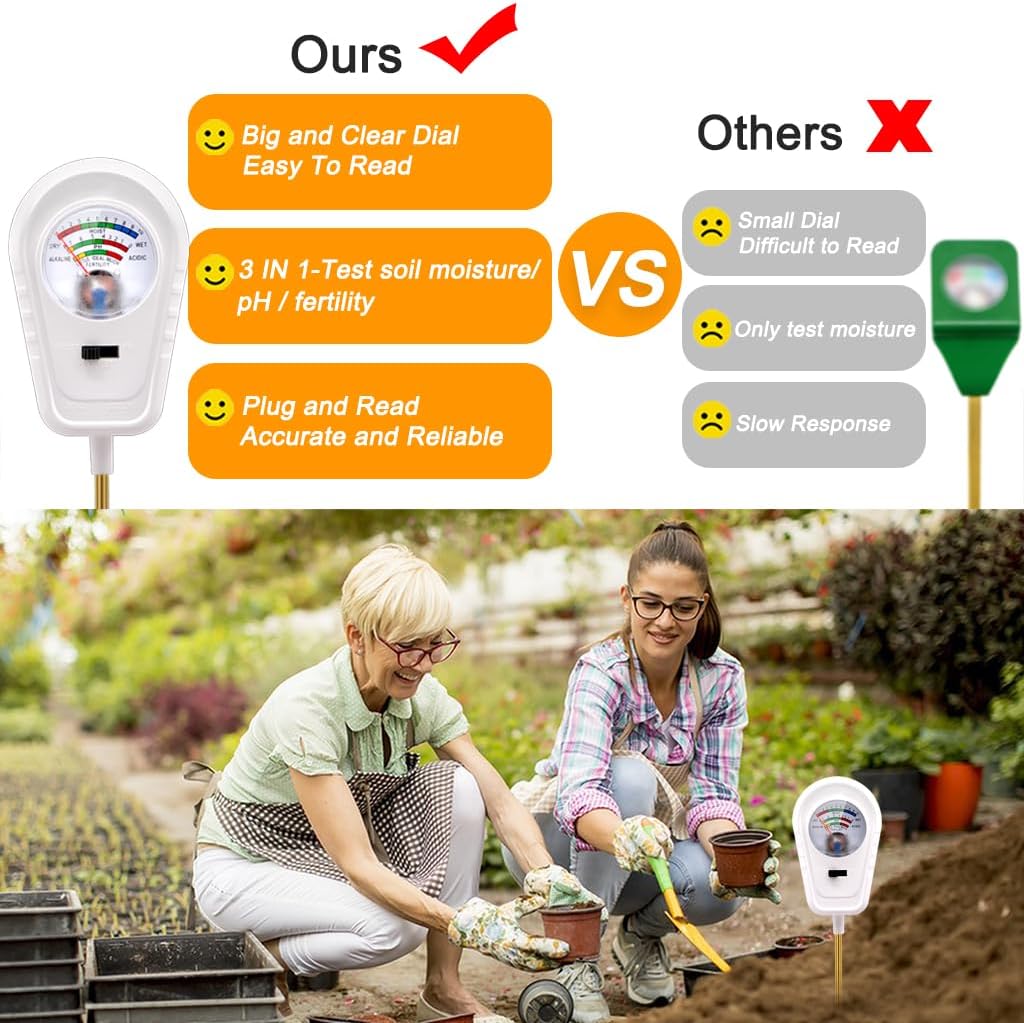 Soil Test Kit 3-in-1, Soil Moisture Meter, Soil PH Meter, Fertility Soil Tester, Soil Tester for Garden, Lawn, Farm, Outdoor & Indoor Use (Vivid White)