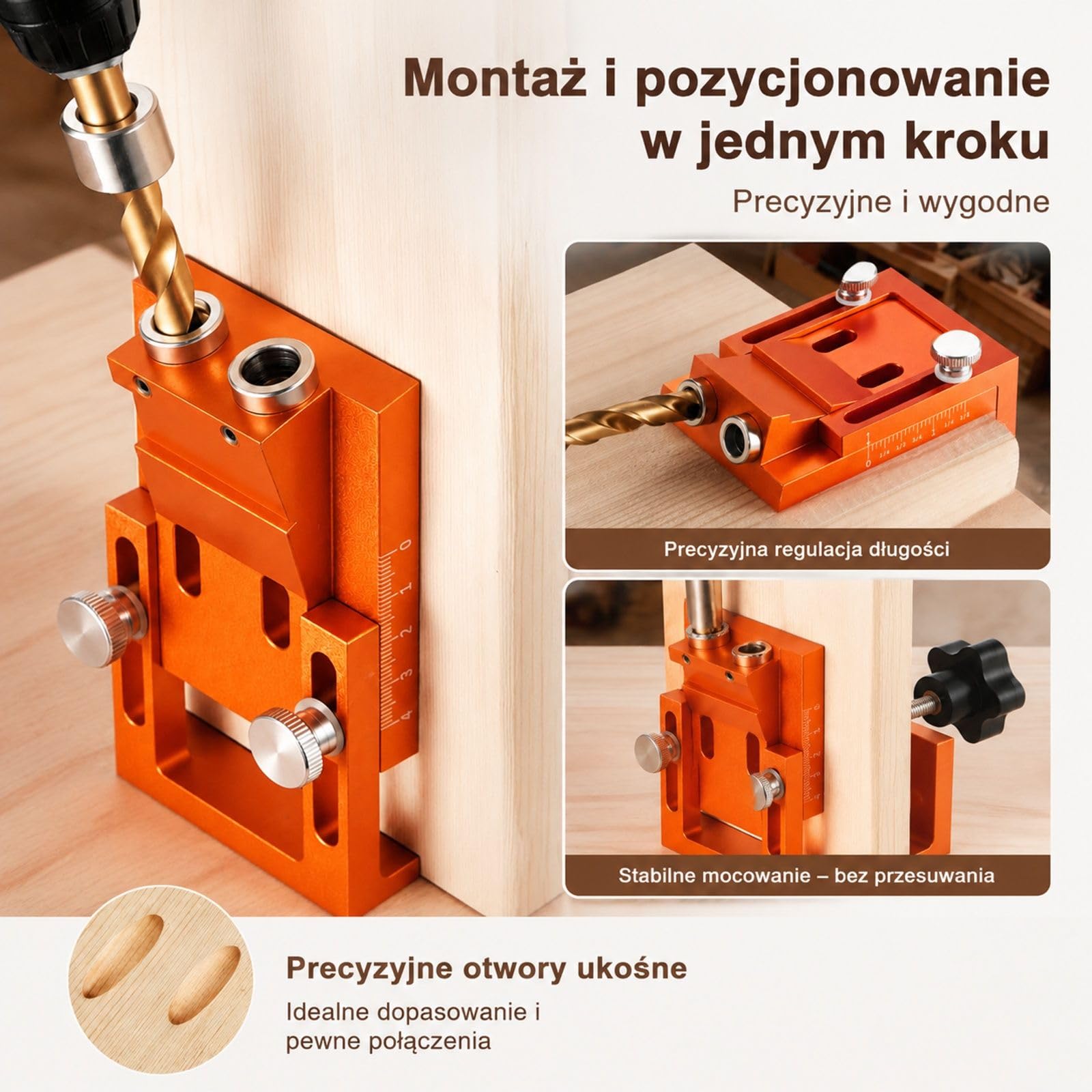 Zestaw szablonów do otworów kieszeniowych z wiertłem stopniowym, kluczem imbusowym, pierścieniem ograniczającym, bitem kwadratowym, kołkami i śrubami