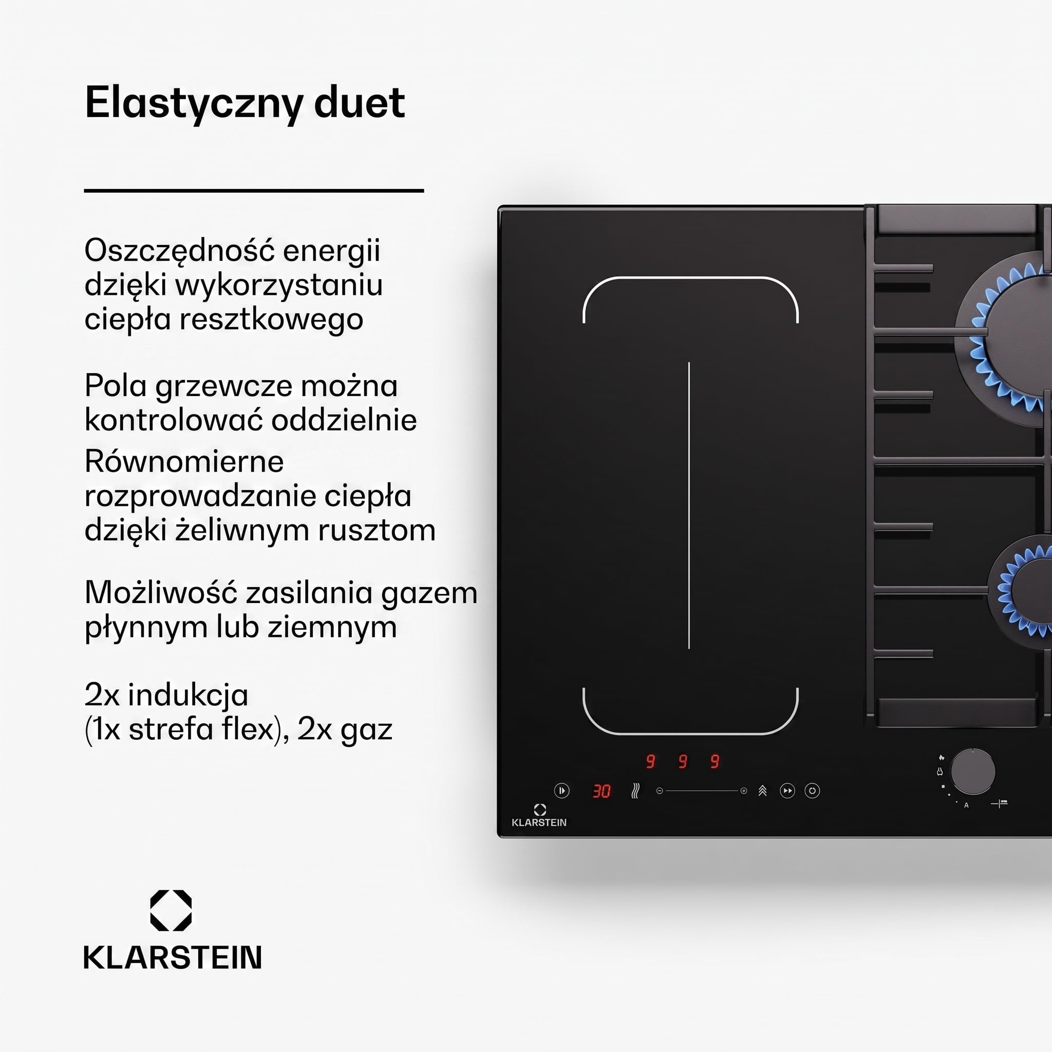 Klarstein MultiChef 4 Płyta indukcyjna z płytą gazową - 4-strefowa Flexzone, 2 palniki gazowe i 2 indukcyjne, 7 kW, suwak, Stop&Go, Timer, żeliwo, Czarny