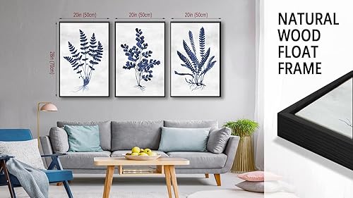 Miniatura 6 de Arte de pared botánico enmarcado grande  Decoración de pared de hojas azul marino de 20 x 28 pulgadas, juego de 3 impresiones artísticas